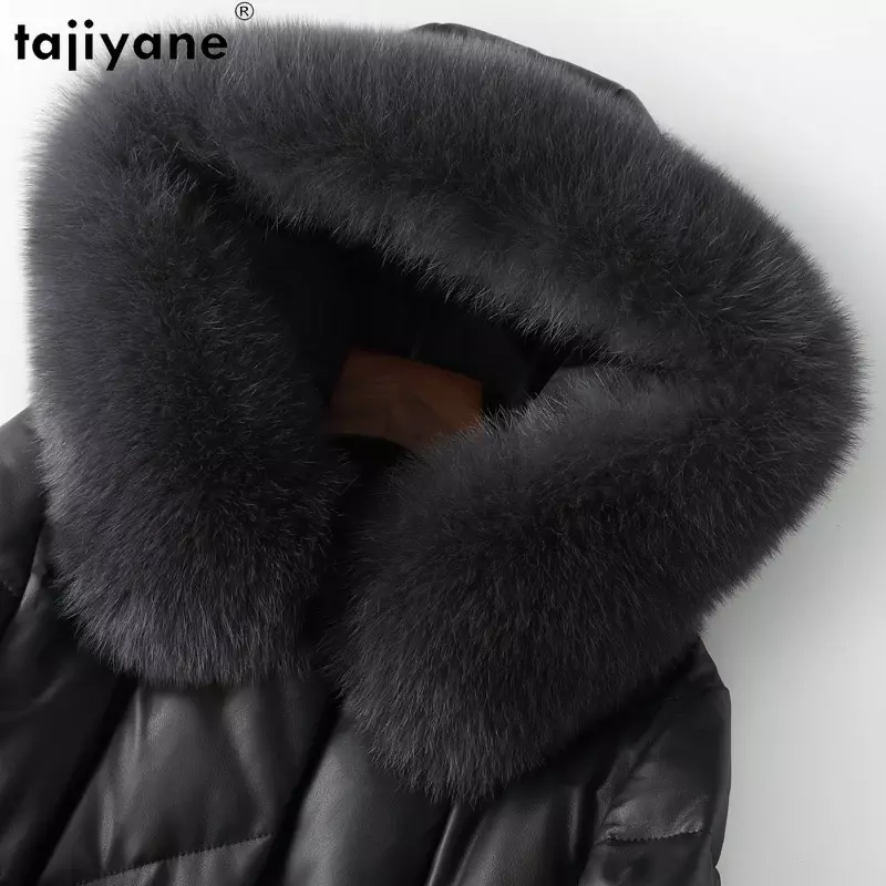 Jaket kulit domba asli fujiyane 100% jaket kulit domba asli wanita 2023 mantel bawah bebek putih musim dingin kerah bulu rubah bertudung parka hangat panjang setengah