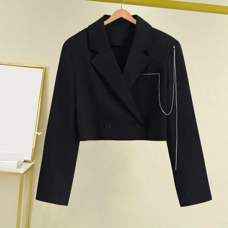 Jaqueta térmica trespassado feminina, casaco elegante de terno, macio, confortável, decoração em corrente, manga longa, fina