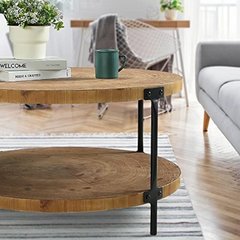 Round Boho Wood Coffee Table Farmhouse Natural Circle Wooden 2-Tier Coffee Tables Living Room Furniture Natural Wood Color