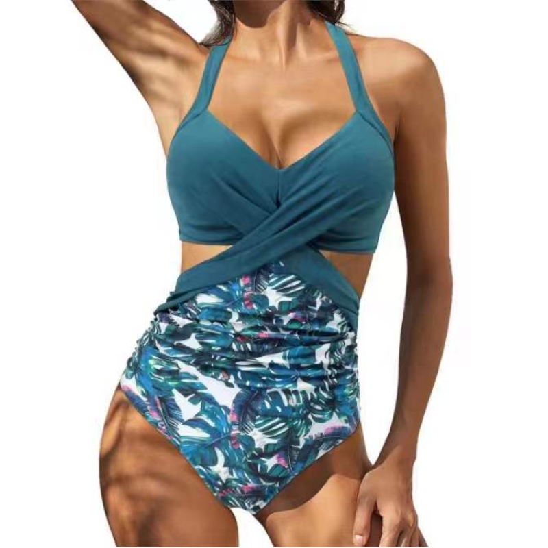 여성용 레오파드 스티치 원피스 수영복, 유럽과 미국, 크로스 수영복, 섹시한 새지 않는 비킨, 2024 신제품