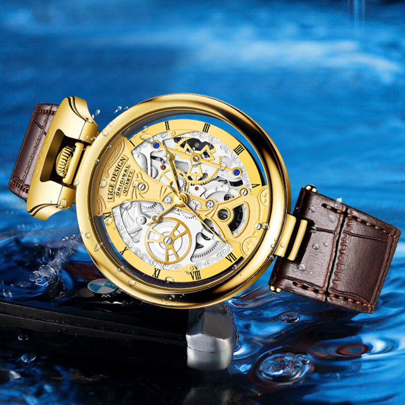LIGE-Relógio esportivo de couro marrom de luxo masculino, Marca Top Relógios, Fashion Date, Relógio impermeável, 2023