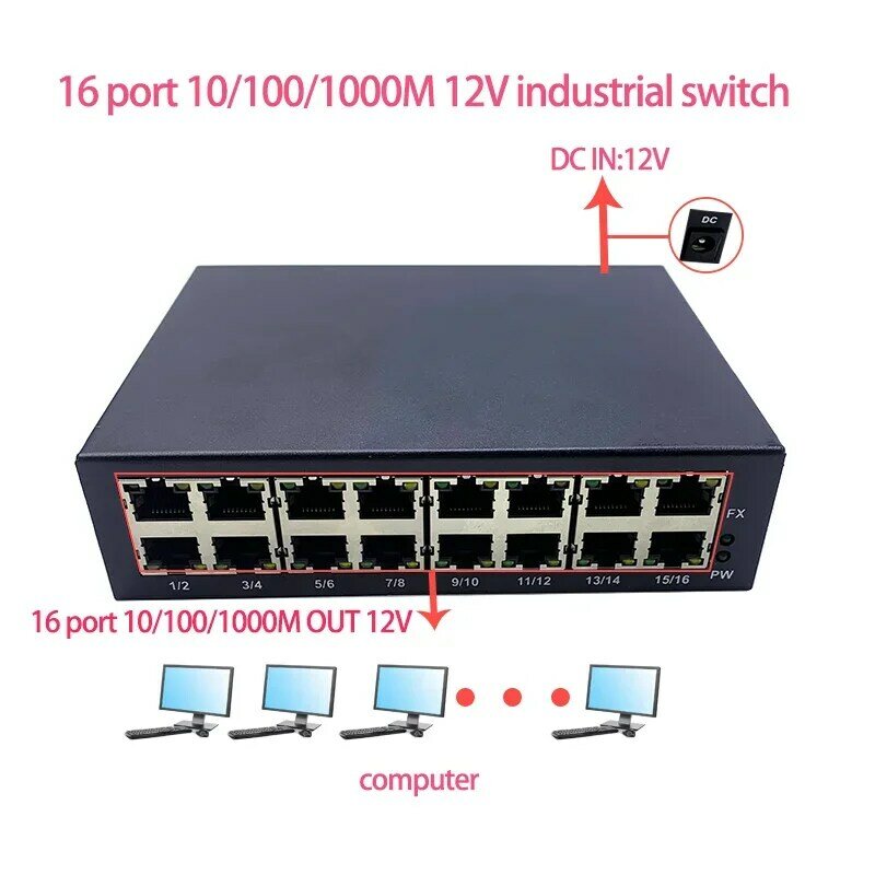 16 портов 10/100/1000M dc in 12V промышленный модуль коммутатора ethernet для школы, торгового центра, промышленной зоны, торгового центра