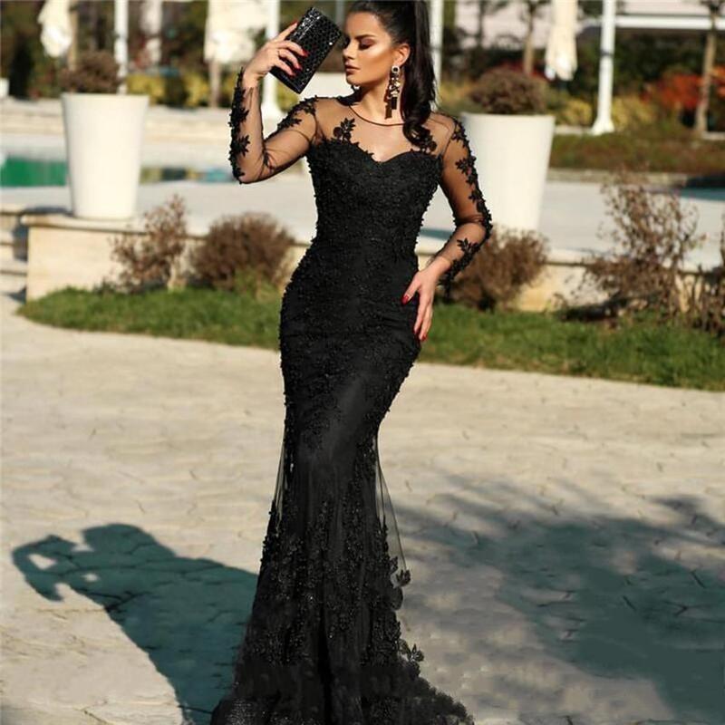 Женское вечернее платье-русалка, черное Тюлевое платье до пола с длинным рукавом и аппликацией в готическом стиле, 2019
