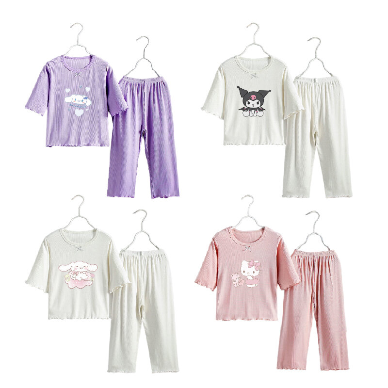Conjunto de pijamas Kawaii para niños, ropa de dormir de algodón con estampado de dibujos animados de Hello Kitty, Sanrio Kuromi Cinnamoroll, regalo para niños