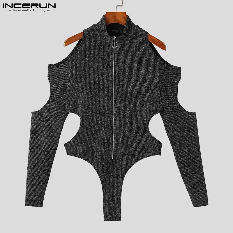 Sexy Fashion Style New Men Bodysuits Hollow Zipper Flash Fabric Jumpsuits Pit Knitted Triangle Long Sleeve Rompers S-5XL INCERUN
