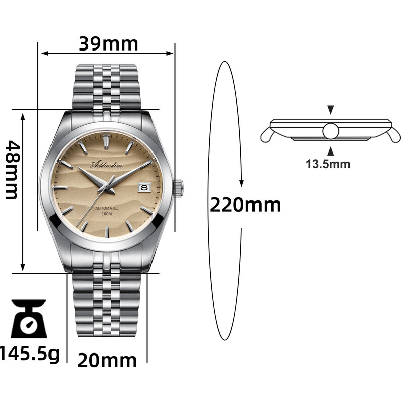 Addiesdive นาฬิกาข้อมือสำหรับผู้ชาย, นาฬิกาข้อมือผู้ชายหน้าปัดลายทะเลทราย AD2059ใหม่นาฬิกากลไกจักรกลสำหรับดำน้ำ Classic100M ยาว39มม.