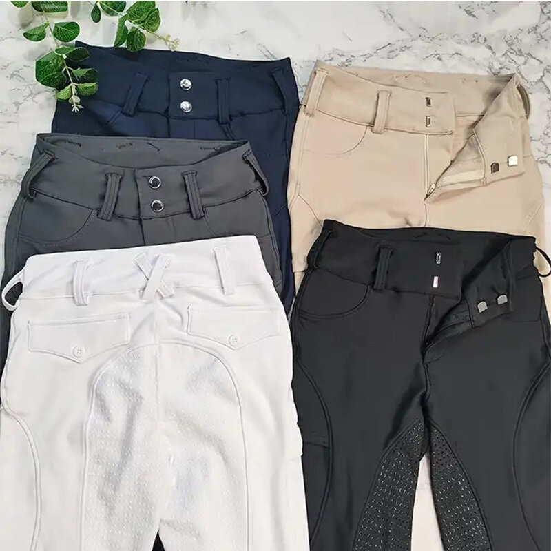 Button Zipper Horse Riding Pants Women Equestrian Leggings Breeches Competition Full Silicone Tights Pocket Train Equipment