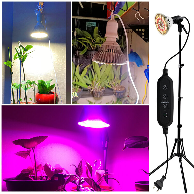 Lampu tumbuh LED 85-265V E27 250W, lampu tanaman sinar matahari spektrum penuh dengan saklar waktu kawat/tripod Phytolamp untuk tenda tanaman