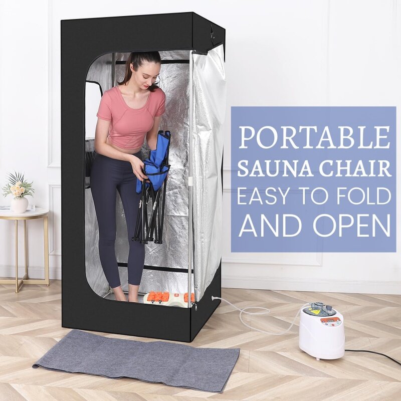 Full body personal home sauna box, portable steam SaaS tent, 1100W & 3L sauna steamer, remote control, foldable chair (Blac