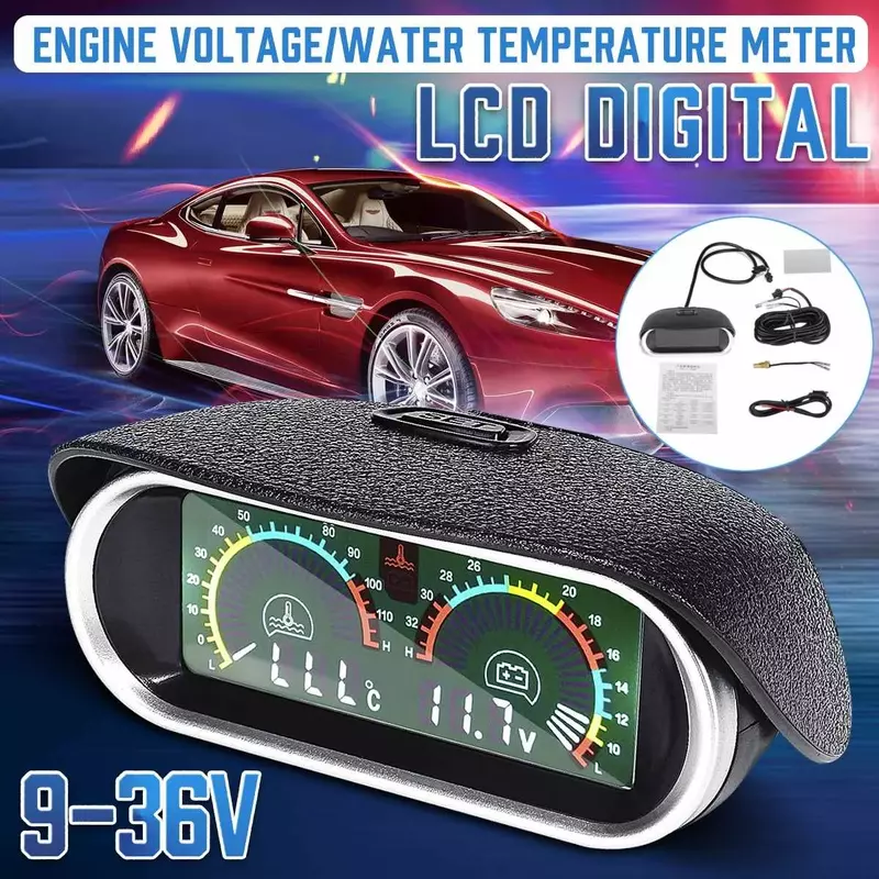 Digital LCD Carro Medidor de Tensão e Temperatura da Água, Sensor de Temperatura, Sensor de Temperatura, 9-36V, 2em 1