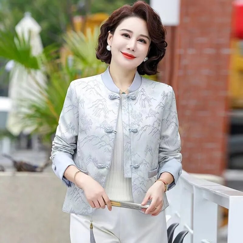Jaket Cina pakaian luar wanita 2024 musim semi musim gugur baru longgar kebesaran 5XL antik gesper kerah Jacquard elegan atasan pendek