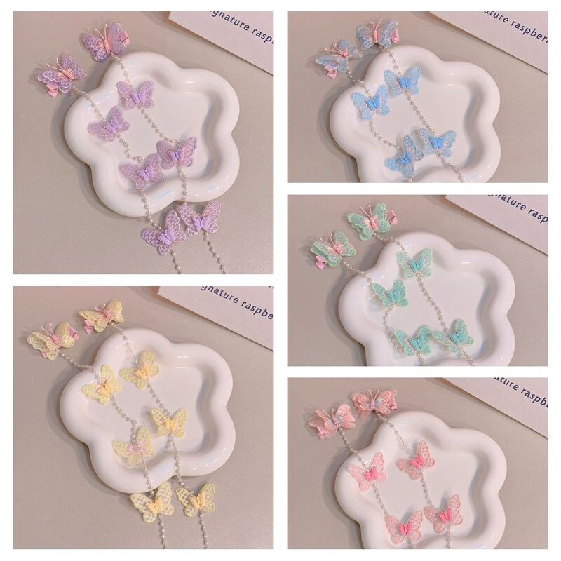 Pearl Butterfly Tassel Hair Clip Hair Accessories Colorful Hanfu Hairpin Cloth Hair Ornaments Children Barrette Kids Gift