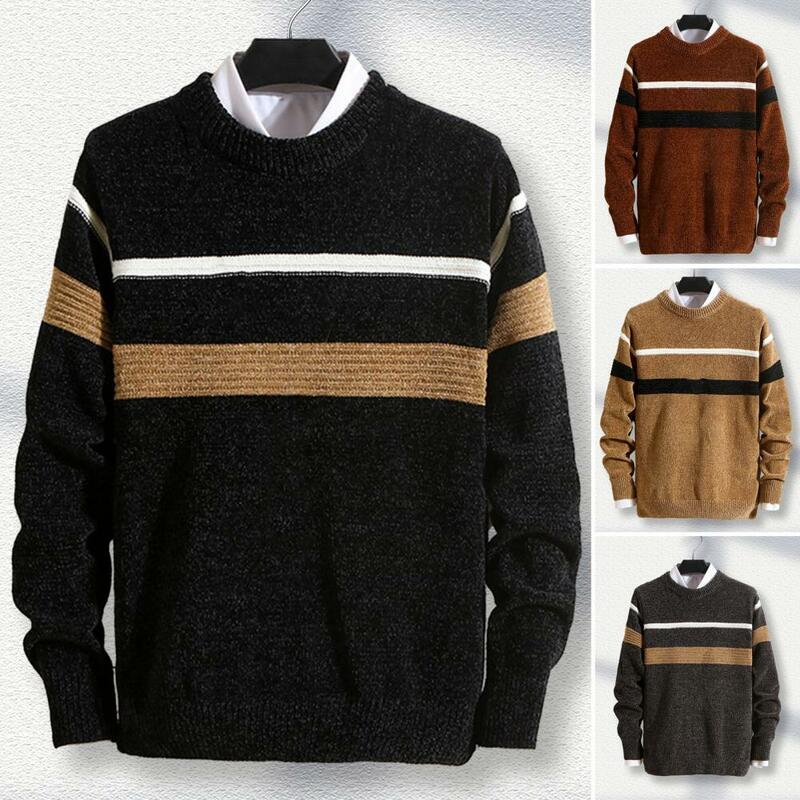 Men Slim Fit Sweater Stylish Men's Striped Sweaters Slim Fit Patchwork Design for Autumn Winter Streetwear Fashion Bright Color