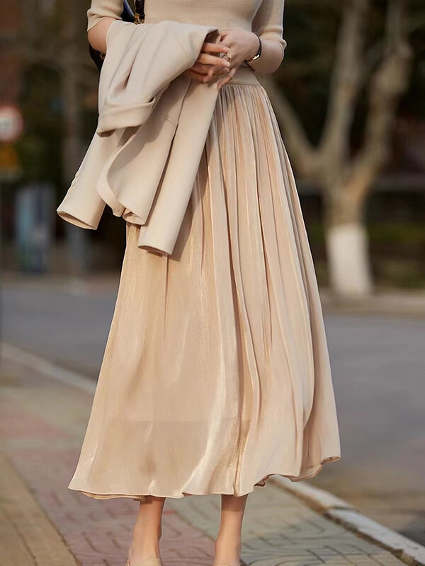 GVUW-Jupe trapèze à taille élastique pour femme, tenue élégante et polyvalente, couleur unie, nouvelle collection été 2024, 17G6839