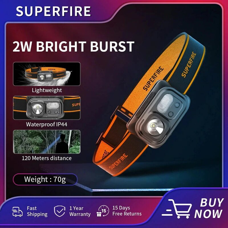SUPERFIRE HL23 LED faro campeggio pesca torcia ricaricabile potente lampada con ricarica usb-c 9 modalità di illuminazione torcia frontale