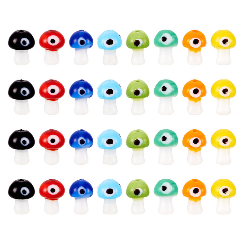 Handmade Evil Eye Lampwork Beads, Forma Cogumelo Bonito, Cor Misturada para Fazer Jóias, Pulseira DIY, Acessórios Colar, 32Pcs