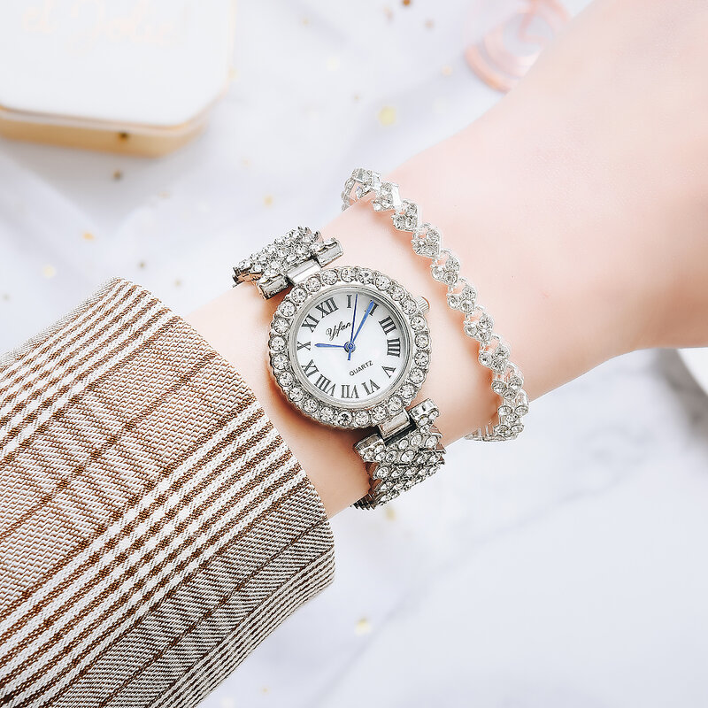 ผู้หญิงหรูหราทองคำสีกุหลาบนาฬิกาแฟชั่นผู้หญิงควอตซ์นาฬิกาข้อมือเพชรหรูหราหญิงสร้อยข้อมือนาฬิกา2Pcs ชุด Reloj Mujer