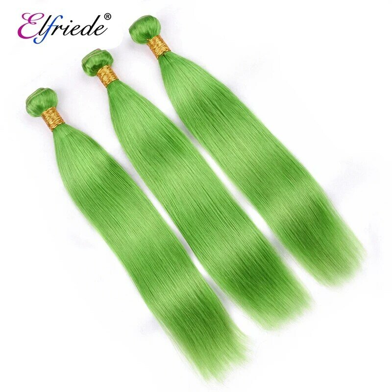 Elfriade-mechones de pelo liso de color verde claro, 100% cabello humano, tramas cosidas, 3 mechones con encaje Frontal 13x4