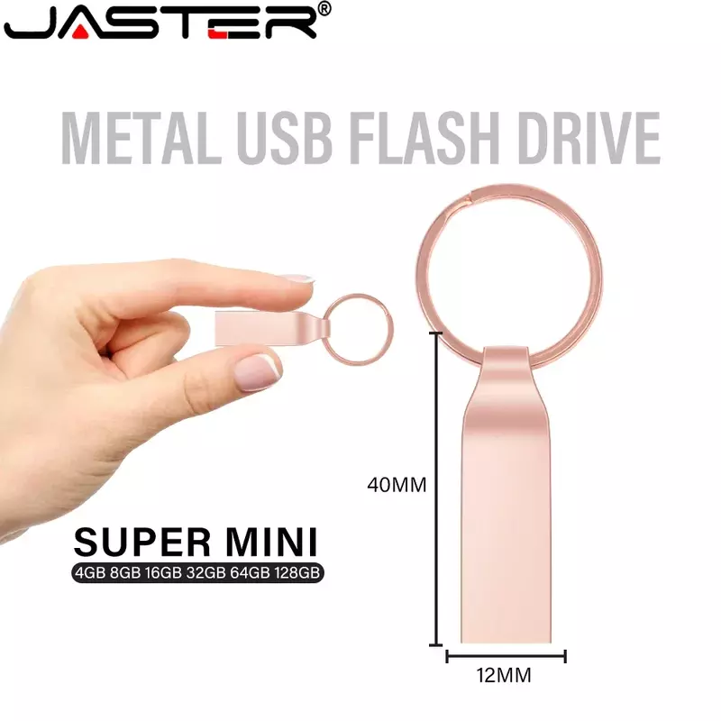 JASTER-Super Mini impermeável Metal Memory Stick com anel chave livre, USB 2.0 Flash Drives, Pen Drive, 16GB, 32GB, 64GB, presente criativo