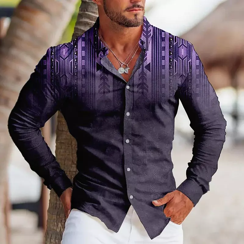 Chemise de sport tribal vintage pour hommes, chemise graphique claire, chemise boutonnée à revers, mode décontractée, violet, bleu, nouveau, Y-2023