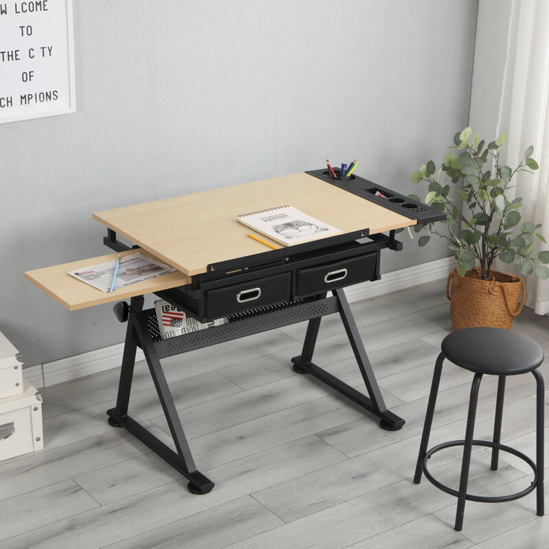 Table à dessin réglable et robuste, bureau avec deux tiroirs spacieux pour le bureau à domicile et l'école, complet avec un sto confortable