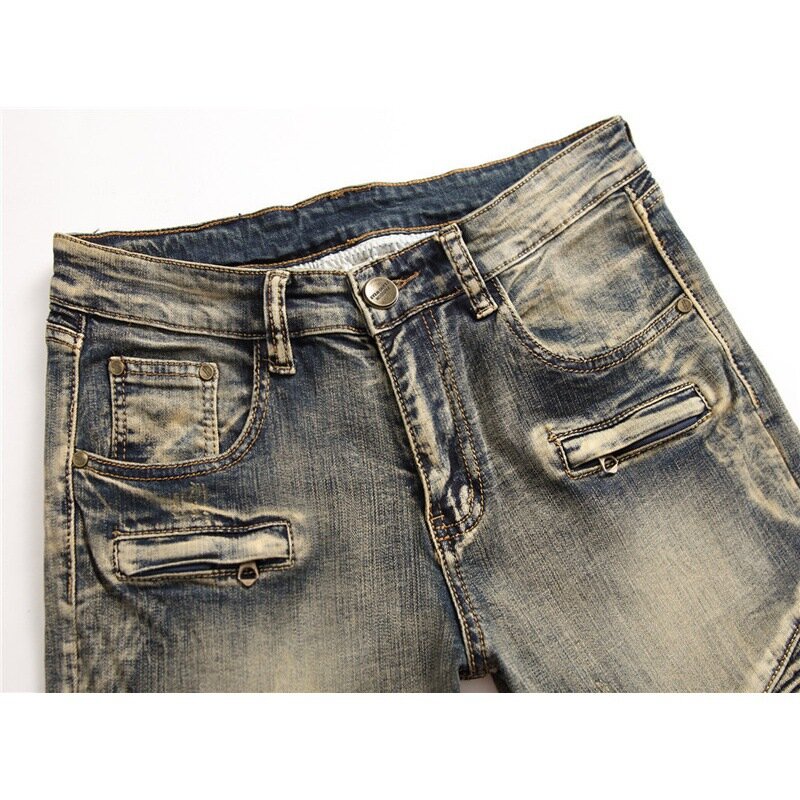 2024 jeans da moto di colore retrò moda uomo street stitching trendy bei pantaloni a matita elasticizzati aderenti pantaloni skinny