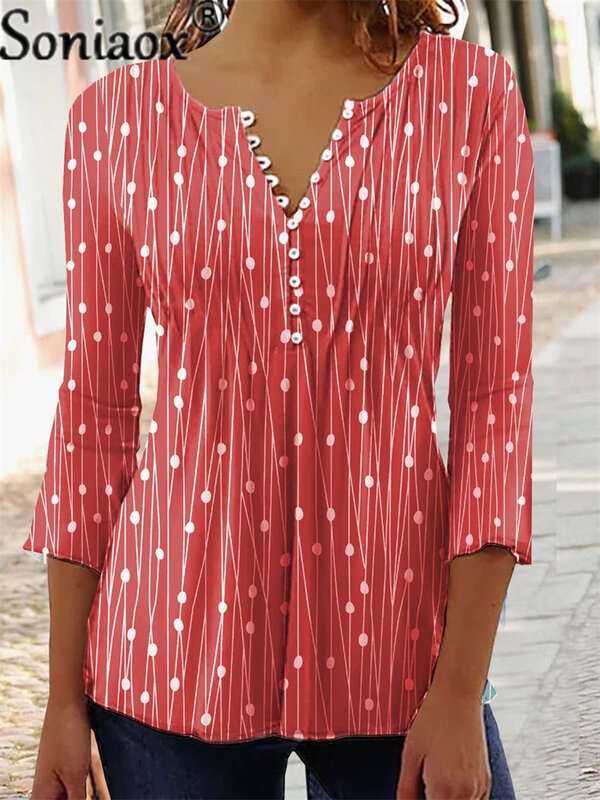 Женская блузка в горошек, с длинным рукавом и V-образным вырезом