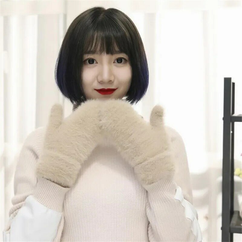 Weibliche Winter warm gestrickt Plüsch Voll finger Handschuhe solide koreanische Version Frauen Nachahmung Kaninchen fell dicke warme weiche Handschuhe