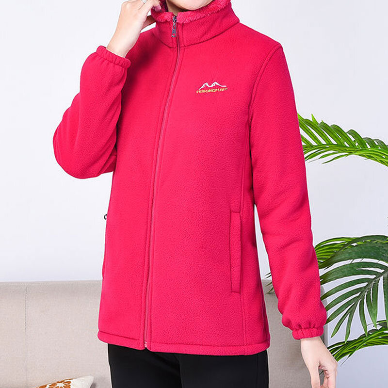 Autumn and Winter Women's Coral Fleece Coat Plush Thickened Stand Collar Long Sleeve Loose Solid Color Pocket Zipper Commute