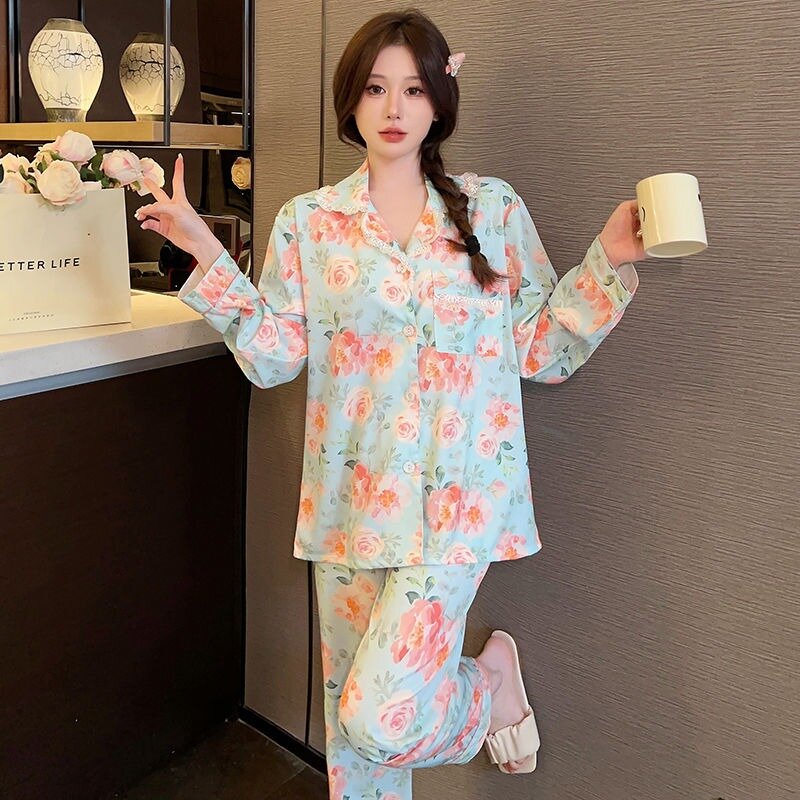 Kardigan lengan panjang wanita, dua potong pakaian rumah kasual ukuran besar 2024, kardigan piyama gaya Korea musim semi musim gugur