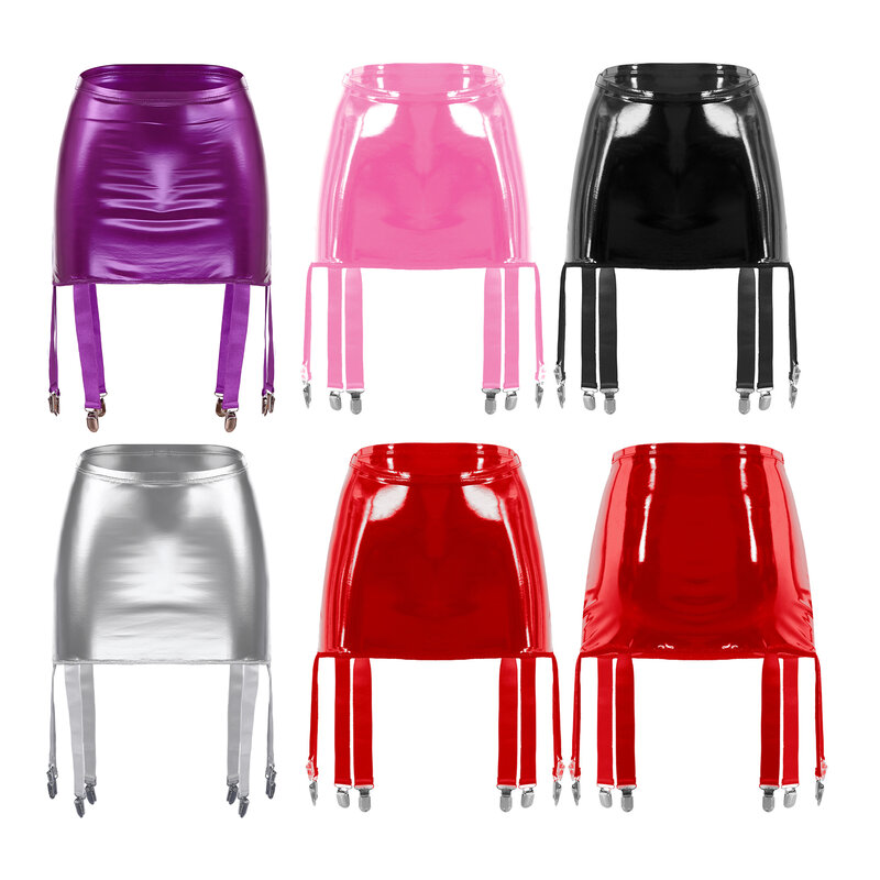 Damskie wyglądające na mokre lakierki pas do pończoch wysokiej talii szelki sześć metalowych klamry erotyczna krótka spódniczka