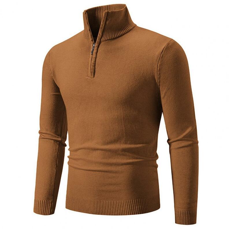 Men Fall Winetr Sweater High Zipper Collar Slim Fit Long Sleeve Solid Color Warm Elastic Soft Mid Length  Bottoming Sweater