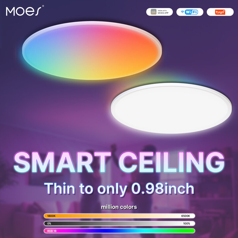 MOES-Luz de teto inteligente WiFi, lâmpada LED, iluminação regulável, aplicativo Tuya, controle remoto por voz, Google, Alexa, ultrafinos, RGB, economia de energia
