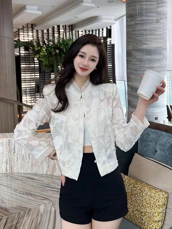 2024 Spring/summer Fashion Women's New Stand Up Neck Short Coat Women's Style Slim Fit Thin Printed Top