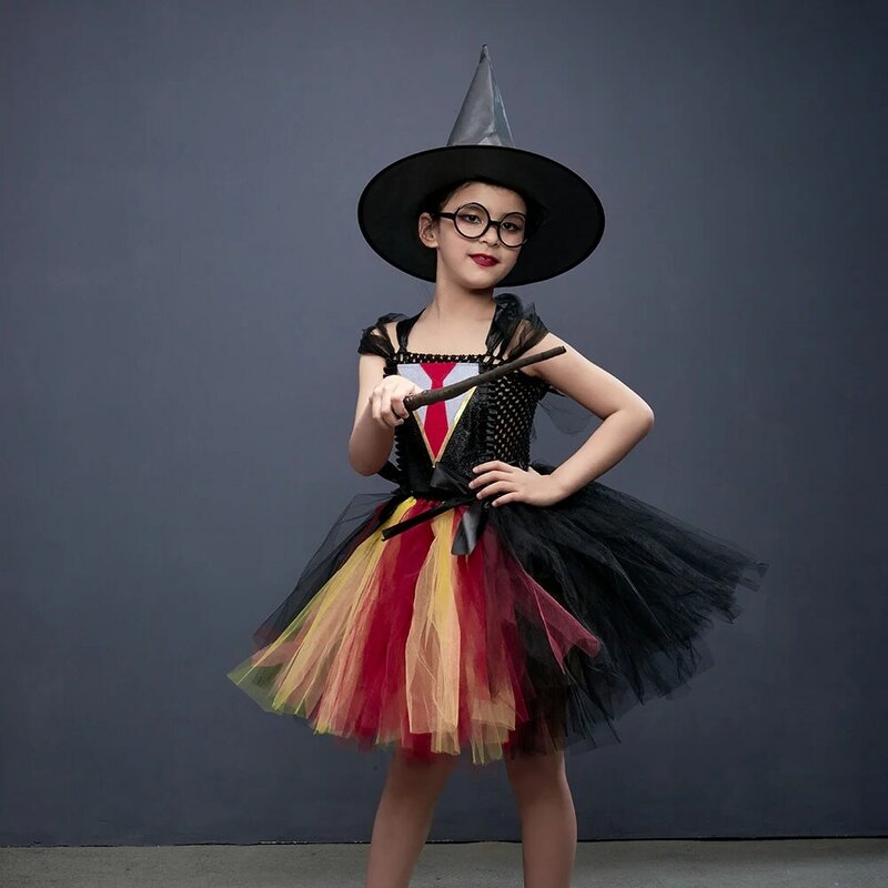 Vestido de tutú de fantasía de bruja pequeña para niñas, disfraz de estilo escolar Hermione de Potter con sombrero, ropa de fiesta de Halloween