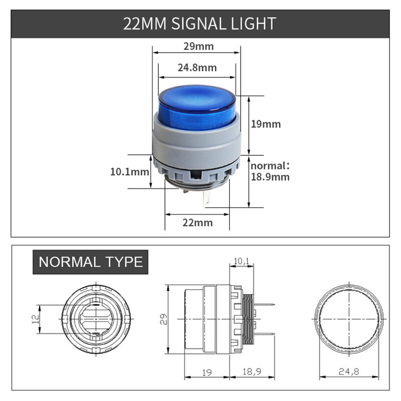 Lâmpada LED de sinal de energia plástica, pequena lâmpada piloto, luz indicadora, vermelho, branco, verde, azul, amarelo VaneAims, 22mm, 2Pin, FXB-SPB1, 12V, 24V