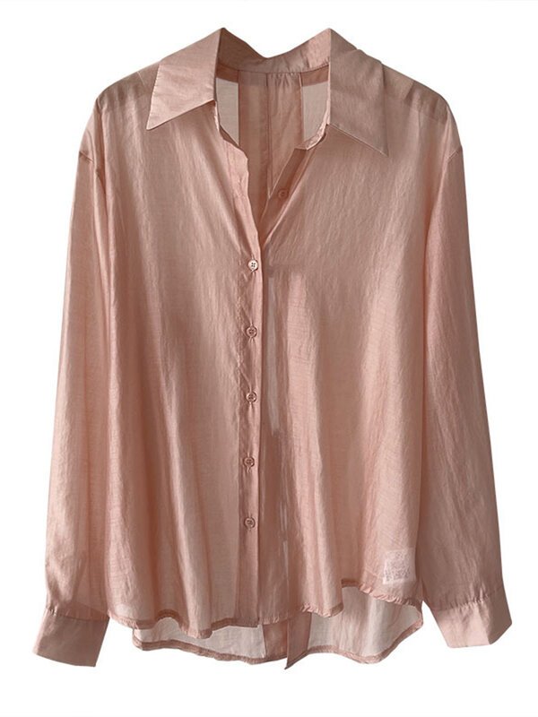 LANMREM blus wanita, baju tabir surya desain tombol belakang untuk perempuan kerah satu baris, blus longgar kasual musim panas 2024