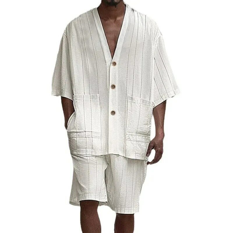 Set da uomo con motivo verticale bianco con Design a doppia tasca bottone Cardigan Top Split Pants Set a due pezzi per uomo