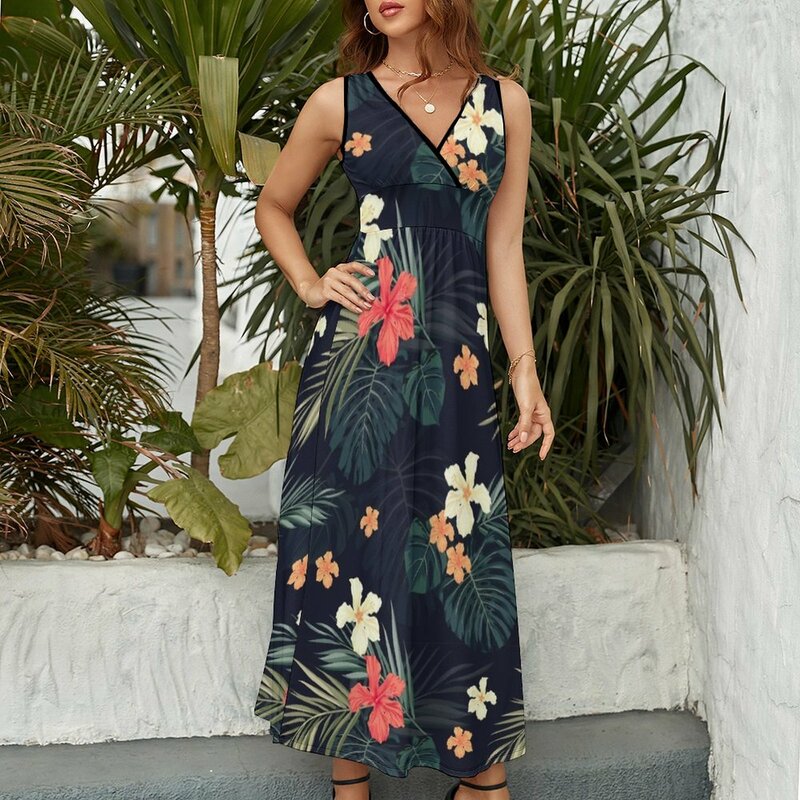 Dunkle tropische Blumen ärmelloses Kleid Sommerkleid Frau trend ige Frauen lange Kleider