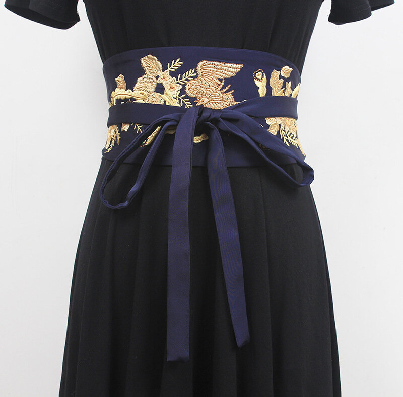 Ceinture brodée de style chinois pour femme, ceinture large, tissu pour robe, dentelle décorative, blanc, rouge, noir