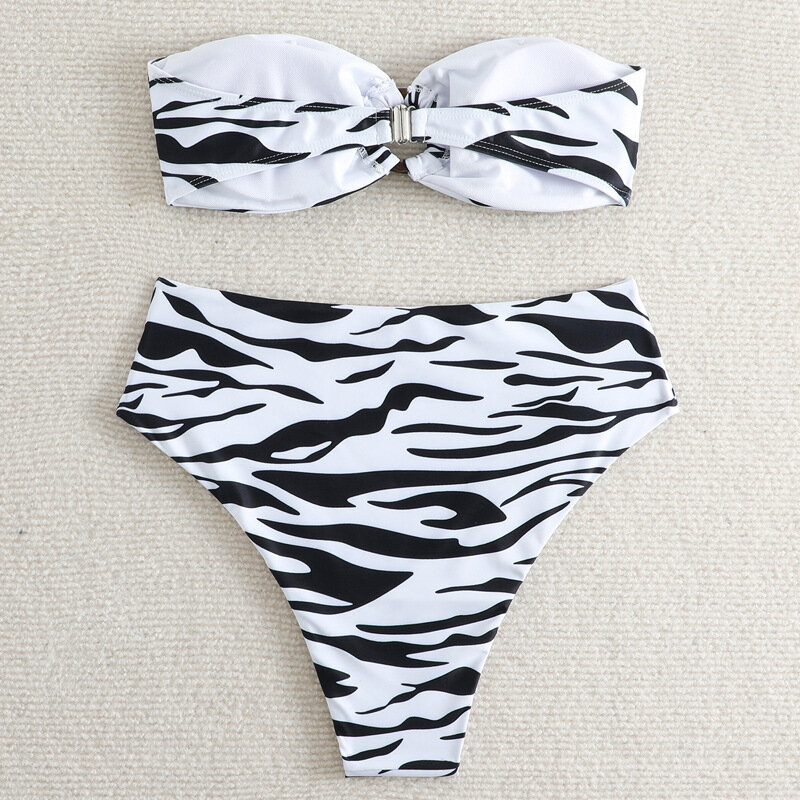 Bandeau High Waist Bikini Swimsuit Women 2024 Push Up Bikinis Zebra Print Two Pieces Swimsuit Swimwear Female Swim Bathing Suit