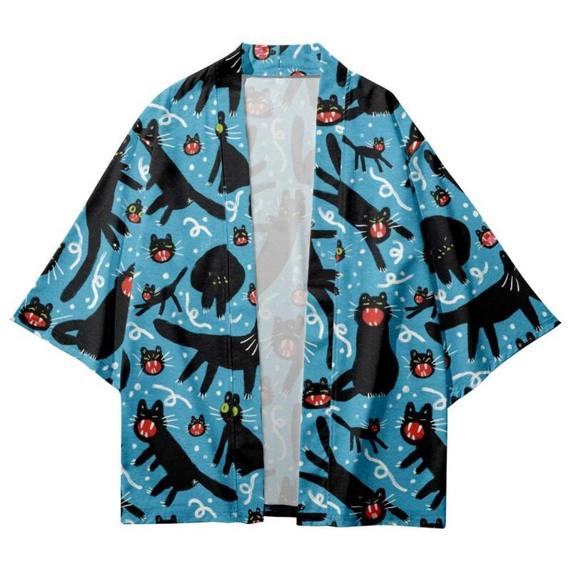 Kimono con estampado de gato negro para hombre y mujer, ropa de calle suelta, camisa japonesa, cárdigan Haori, Cosplay, Yukat, Verano