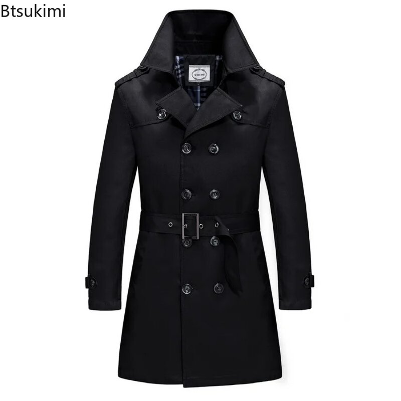 2024 Men's Long Trench Jacket Coats Spring Autumn British Style Business Office Trench Men's Solid Slim Double Breasted Jacket