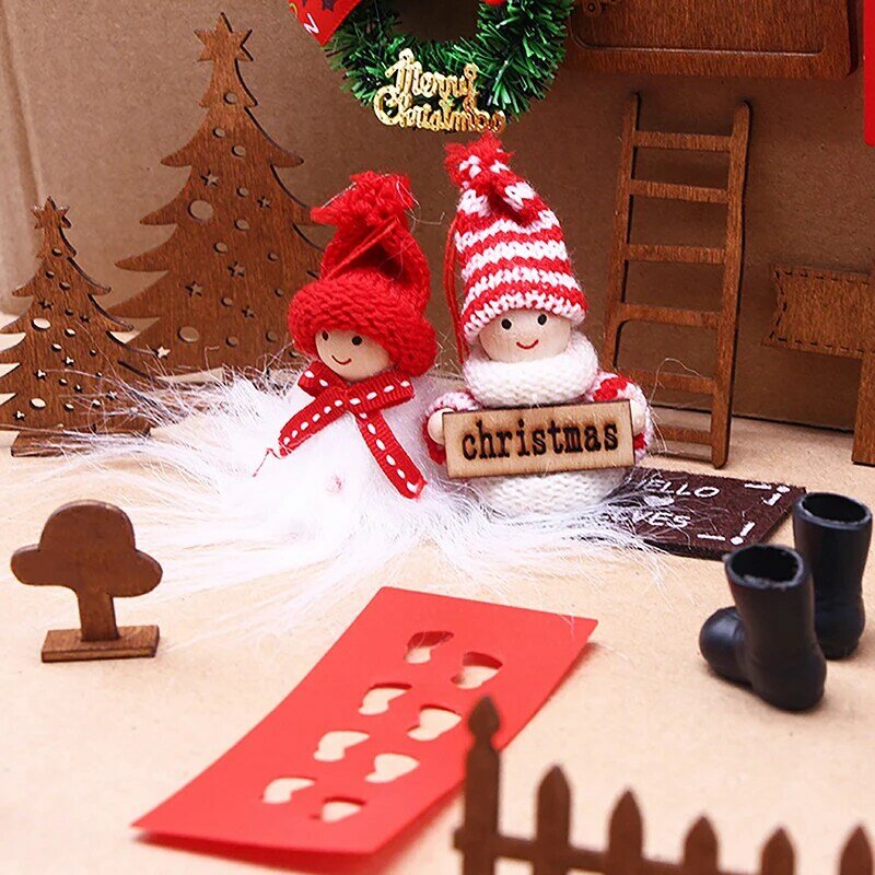 Mini Doll House Elf Door Christmas Decor Simulation Light String Hat Wreath Tree Gift Boxes Fairy Toyhouse Miniature Scene Model