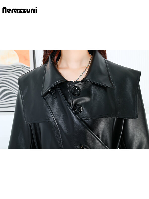 Nerazzurri Autumn Cool High Quality Waterproof Black Pu Leather Trench Coat for Women Long Elegant Luxury Designer Clothes 2024