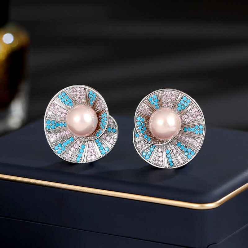 Pendientes de aguja de plata S925, aretes de estilo Retro de lujo de alto grado con diseño de perlas de circón y concha, nuevos