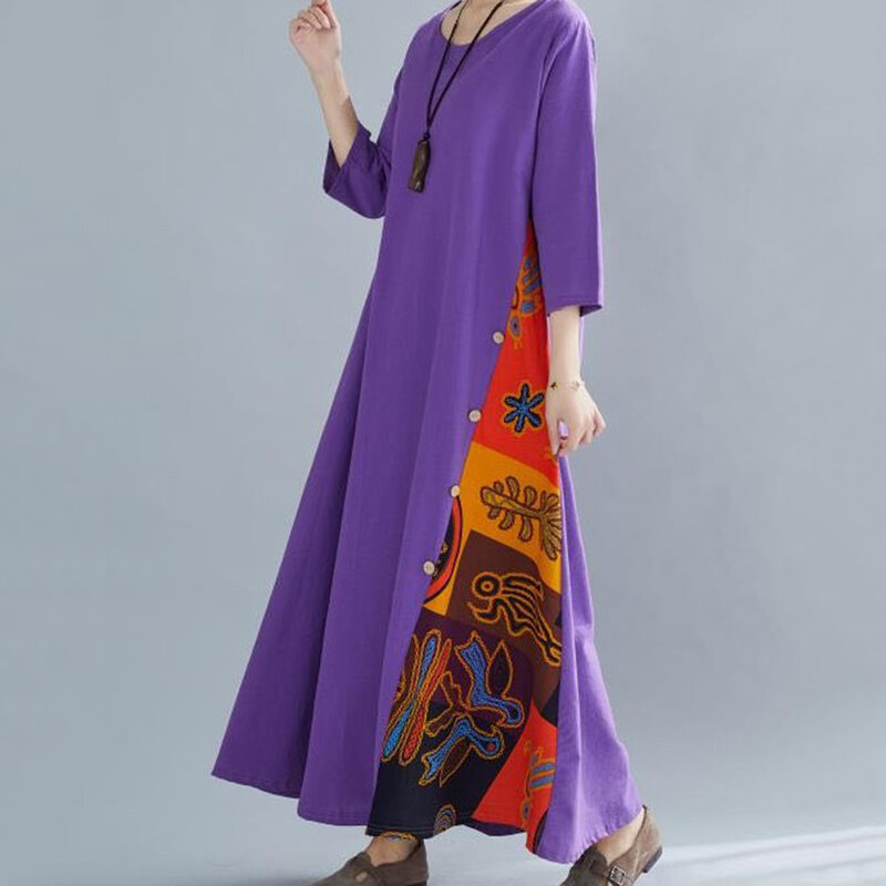 Женское винтажное платье в стиле пэчворк, свободное Макси-платье большого размера с богемным принтом, круглым вырезом и рукавом 3/4 в стиле Харадзюку, элегантное женское платье