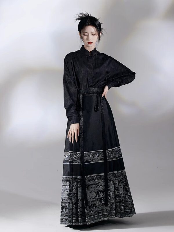Roupas femininas estilo chinês, roupão asiático, saias tradicionais de cavalo, mamianqun midi, hanfu, saia preta longa