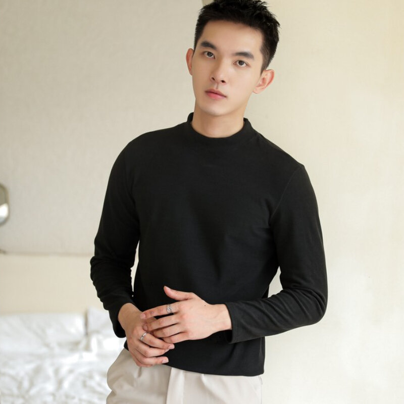 Moda minimalista masculina, estilo coreano, tops térmicos, moda básica bonito em casa, camisa casual com o pescoço, inverno, nova chegada, popular