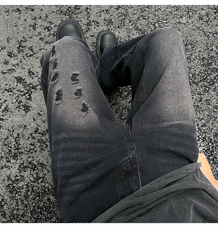 Jeans con agujeros de agua de lavado pesado, jeans micro rasgados, calle alta